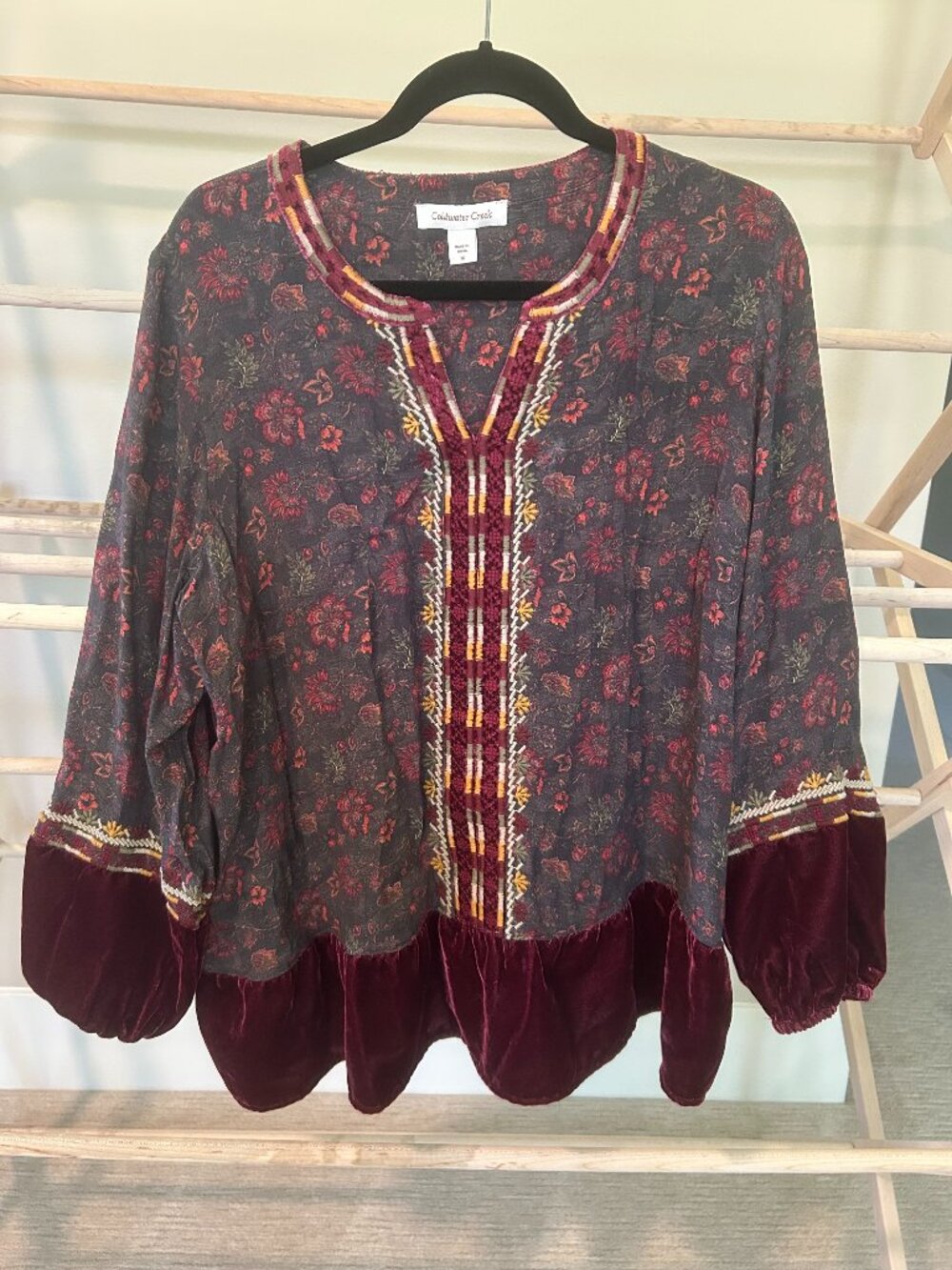 Coldwater Creek Floral Embroidered Velvet Trim Split Neck Tunic 1X